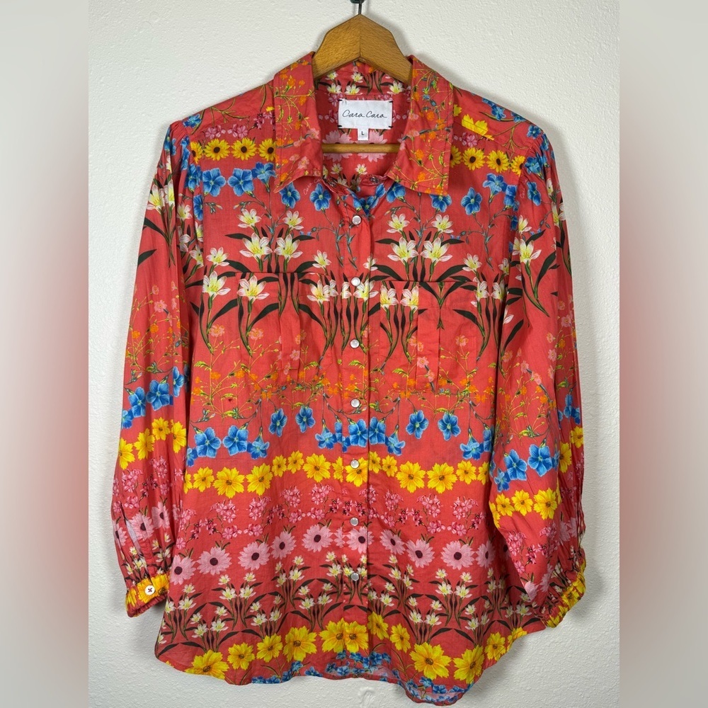 Cara Cara Womens Floral Collar 3/4 Sleeve Snap Front Coral Size L Vibrant $300